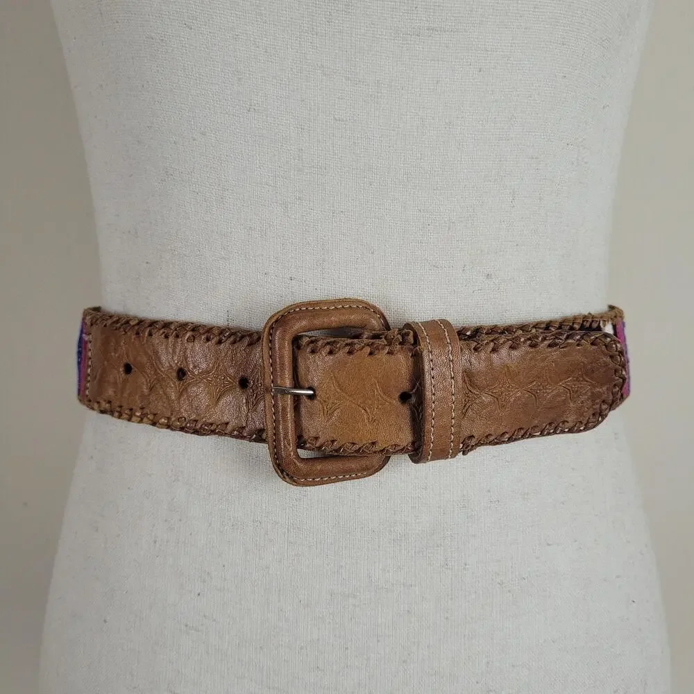 Brown Leather Belt Med Braided Woven Multicolor Stripe Artisan Ethnic Whipstitch